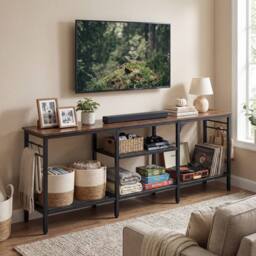 "Gymax TV Stand for 65"" TVs Media Console Table With Metal Mesh Shelves in Brown" - thumbnail 8