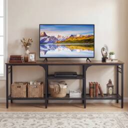 "Gymax TV Stand for 65"" TVs Media Console Table With Metal Mesh Shelves in Brown" - thumbnail 9