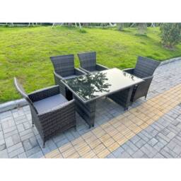 Fimous Rattan Garden Furniture Set 4-seater Patio Black Glass Table Chairs in Dark Grey - thumbnail 2