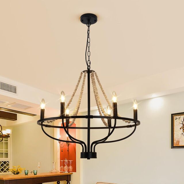 Garwarm Black 6-Light Metal Cage Pendant Light Adjustable Height - image 1