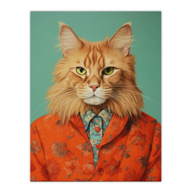 "Wee Blue Coo Wall Art Print Maine Coon Ginger Pet Cat Portrait Fun Living Room in Orange - Size: W24"" x H32""" - image 1