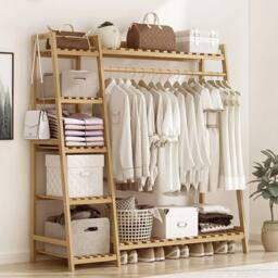 VOGREX 110cm Bamboo Garment Rack with Storage Shelves in Natural - thumbnail 5