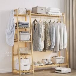 VOGREX 110cm Bamboo Garment Rack with Storage Shelves in Natural - thumbnail 2