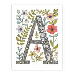 "Artery8 Women's Wall Art Print Letter A in Wildflowers Ornate Pencil Drawing Floral Word Art For Her Poster - Size: W12"" x H16""" - thumbnail 1