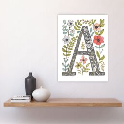"Artery8 Women's Wall Art Print Letter A in Wildflowers Ornate Pencil Drawing Floral Word Art For Her Poster - Size: W12"" x H16""" - thumbnail 4