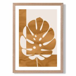 ARTZE Mustard Monstera Mid Century Tropical Framed Print SIZE: A2 with Oak Frame - Size: A4