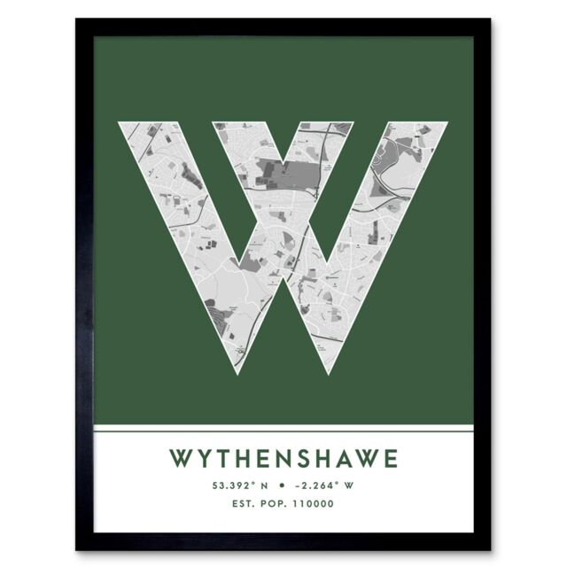 "Wee Blue Coo Wall Art Print Wythenshawe England United Kingdom City Map Modern Typography Stylish Letter Framed Word in Green - Size: W12"" x H16""" - image 1