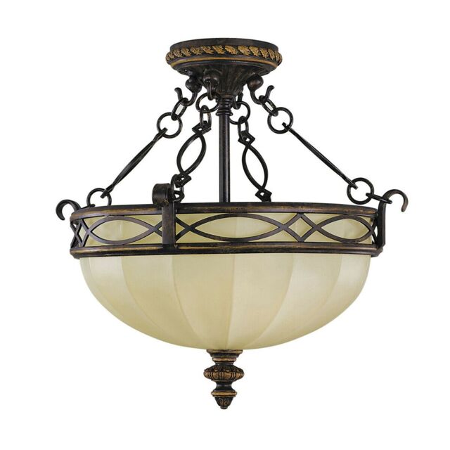 Loops 2 Bulb Semi Flush Light Fretwork Faceted Glass Uplight Walnut LED E27 100W in Clear