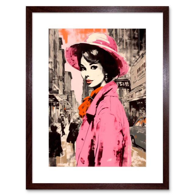 "Artery8 Wall Art Print Retro Aesthetic Vintage Fashion Woman in Street Artwork Framed 9X7 Inch in Brown - Size: W7"" x H9""" - image 1