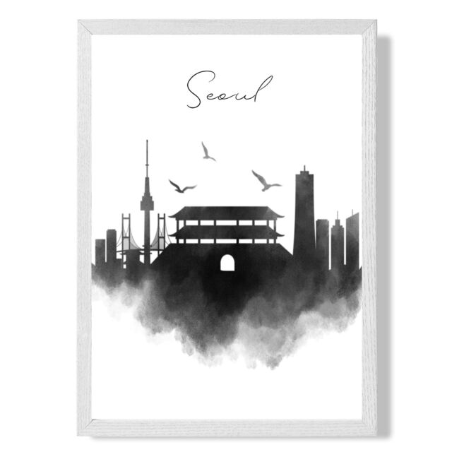 ARTZE Seoul Watercolour Skyline City Framed Print SIZE: A4 with White Frame in Black - image 1