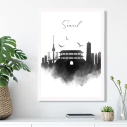 ARTZE Seoul Watercolour Skyline City Framed Print SIZE: A4 with White Frame in Black - thumbnail 2