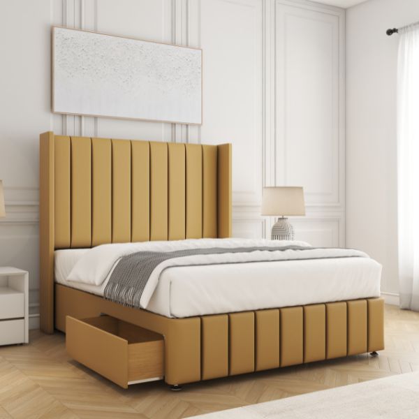 "BSSPOKE Zoe Divan Bed Plush Velvet 54""Headboard 2 Drawers Footend No Mattress in Mustard - Size: Small Double" - image 1