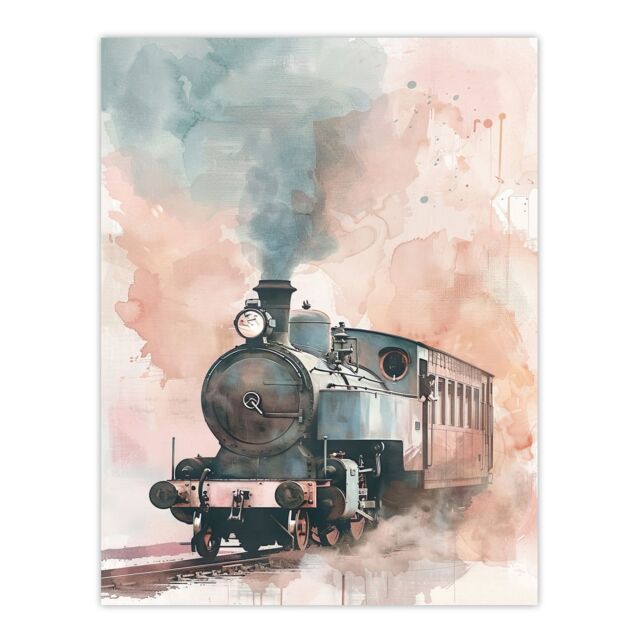 "Artery8 Steam Train Blue Pink Watercolour Railfan Spotter Wall Art Print - Size: W12"" x H16""" - image 1