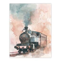 "Artery8 Steam Train Blue Pink Watercolour Railfan Spotter Wall Art Print - Size: W12"" x H16""" - thumbnail 1