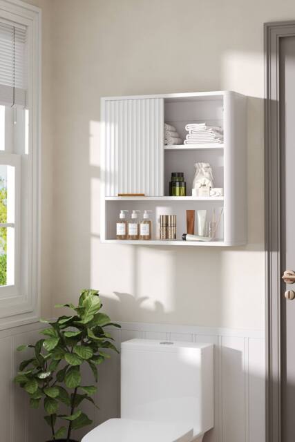 Living and Home Wall-Mounted Wooden Bathroom Cabinet with Sliding Door in White - image 1