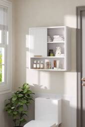 Living and Home Wall-Mounted Wooden Bathroom Cabinet with Sliding Door in White