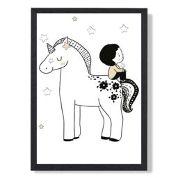 ARTZE Scandi Prince Little Boy Sitting on a Unicorn Framed Print SIZE: A2 with Black Frame - Size: A4 - thumbnail 1