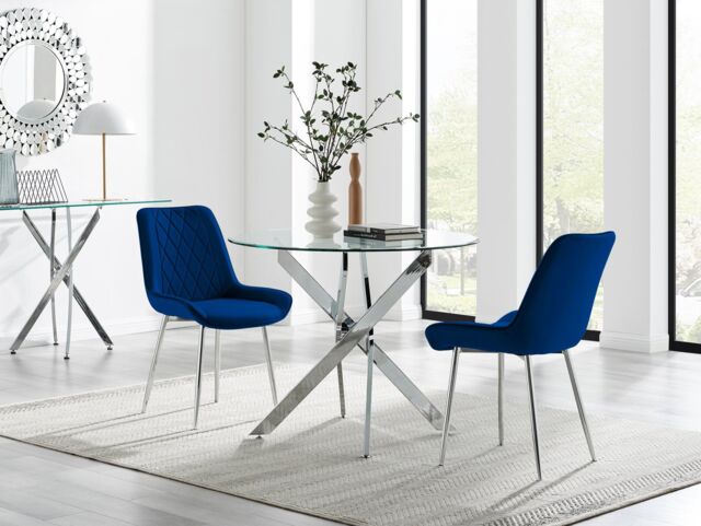 FurnitureboxUK Novara 100cm Round Dining Table & 2 Pesaro Silver Leg Chairs in Navy - image 1