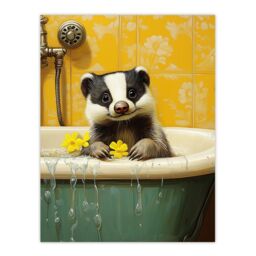 "Artery8 Cute Badger in Bathtub Yellow Daisy Theme Bath Wall Art Print - Size: W18"" x H24""" - thumbnail 1