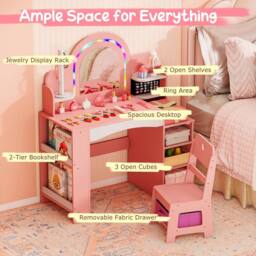 Costway Kids Vanity Desk w/Open Storage Shelves Dressing Table & Chair Set in Pink - thumbnail 6