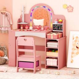 Costway Kids Vanity Desk w/Open Storage Shelves Dressing Table & Chair Set in Pink - thumbnail 3