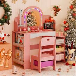 Costway Kids Vanity Desk w/Open Storage Shelves Dressing Table & Chair Set in Pink - thumbnail 5