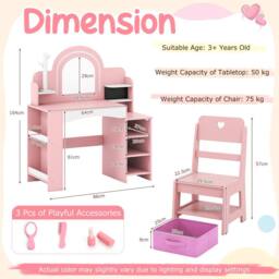 Costway Kids Vanity Desk w/Open Storage Shelves Dressing Table & Chair Set in Pink - thumbnail 2