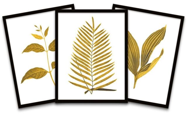 "Wee Blue Coo Wall Art Print Botanics Gold Grey Leaves Ferns Nature Black Framed Poster Pack of 3 - Size: W12"" x H16""" - image 1