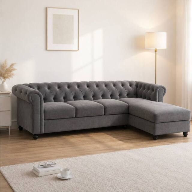 Sofaya Hampton 4 Seater L Shape Chesterfield Sofa Velvet Right Hand Chaise in Grey - Size: 4 Person - image 1