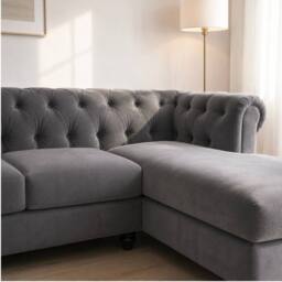 Sofaya Hampton 4 Seater L Shape Chesterfield Sofa Velvet Right Hand Chaise in Grey - Size: 4 Person - thumbnail 4