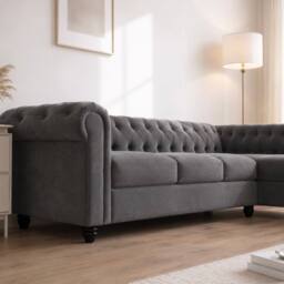 Sofaya Hampton 4 Seater L Shape Chesterfield Sofa Velvet Right Hand Chaise in Grey - Size: 4 Person - thumbnail 6