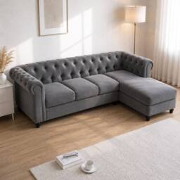 Sofaya Hampton 4 Seater L Shape Chesterfield Sofa Velvet Right Hand Chaise in Grey - Size: 4 Person - thumbnail 3