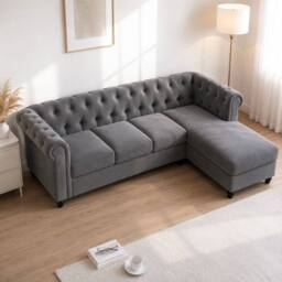 Sofaya Hampton 4 Seater L Shape Chesterfield Sofa Velvet Right Hand Chaise in Grey - Size: 4 Person - thumbnail 5