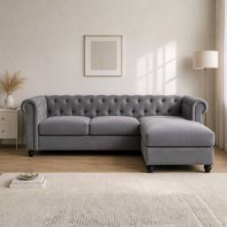 Sofaya Hampton 4 Seater L Shape Chesterfield Sofa Velvet Right Hand Chaise in Grey - Size: 4 Person - thumbnail 2