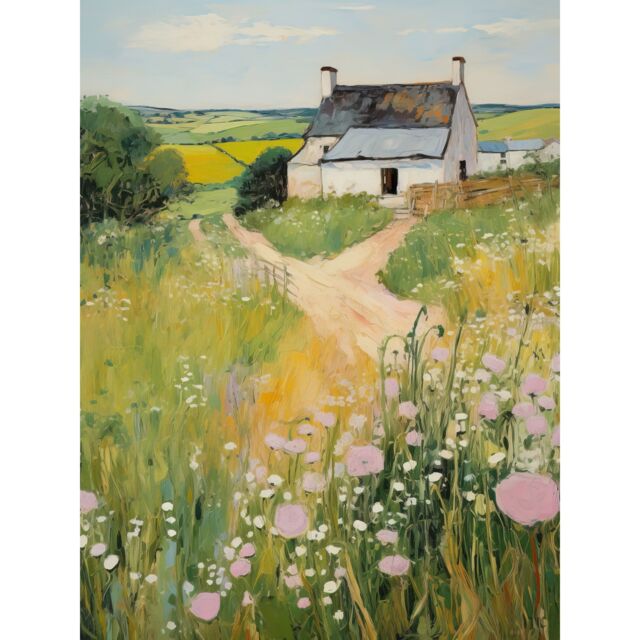 "Artery8 Wall Art Print Country Farmhouse Cottage Scene Traditional Landscape Oil Painting Meadows Countryside Summer Poster - Size: W12"" x H16""" - image 1
