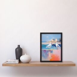 Artery8 Wall Art Print Seagull Birds Oil Painting Pastel Colour Pink Blue Orange Coastal Landscape Bathroom Artwork Framed - Size: A4 - thumbnail 4