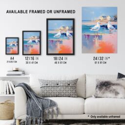 Artery8 Wall Art Print Seagull Birds Oil Painting Pastel Colour Pink Blue Orange Coastal Landscape Bathroom Artwork Framed - Size: A4 - thumbnail 3