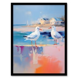 Artery8 Wall Art Print Seagull Birds Oil Painting Pastel Colour Pink Blue Orange Coastal Landscape Bathroom Artwork Framed - Size: A4 - thumbnail 1