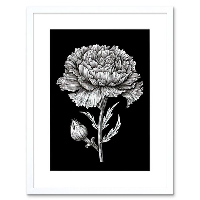 "Artery8 Wall Art Print Carnation Flower Black & White Linocut Artwork Framed 9X7 Inch - Size: W7"" x H9""" - image 1