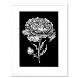 "Artery8 Wall Art Print Carnation Flower Black & White Linocut Artwork Framed 9X7 Inch - Size: W7"" x H9""" - thumbnail 1