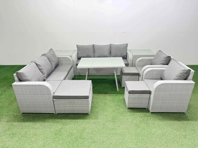 Fimous Rattan High Back Lounge Sofa Set with Reclining Chairs 2 Side Tables in Light Grey - image 1