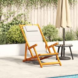 Berkfield Home Folding Beach Chair with Armrests Light Grey Acacia Wood & Textilene
