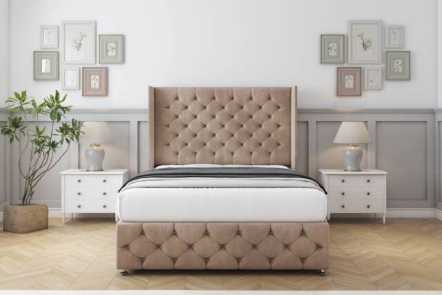 "Comfort Beds Emily Naples Divan Base No Drawers - 54"" Wingback-Footboard in Light Brown - Size: Super King" - image 1