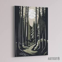 "Artery8 Full Moon Over Forest Landscape Canvas Wall Art Print in Black - Size: W18"" x H24""" - thumbnail 2