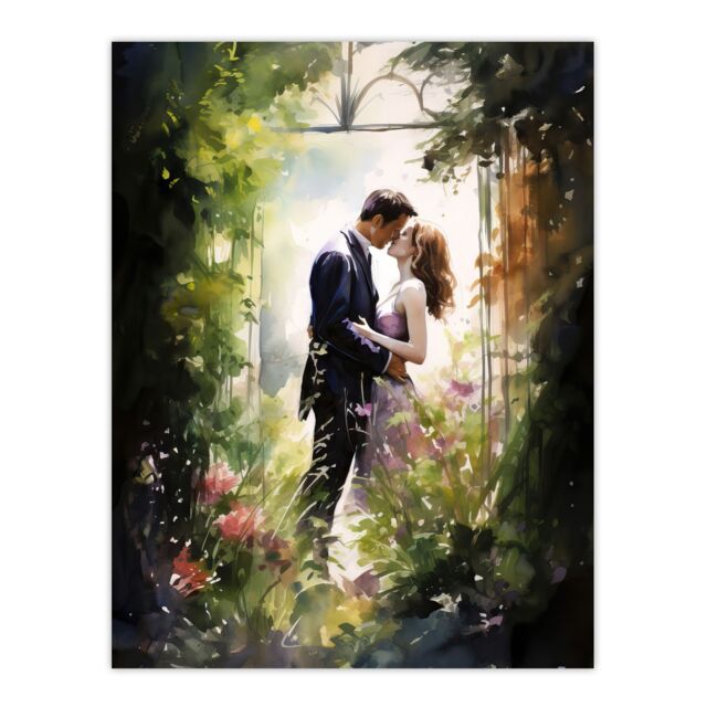 "Artery8 Wall Art Print Stolen Kiss Watercolour Painting Secret Garden Lovers Kissing Among Flowers Bedroom Art Poster in Green - Size: W24"" x H32""" - image 1