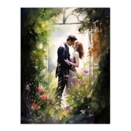 "Artery8 Wall Art Print Stolen Kiss Watercolour Painting Secret Garden Lovers Kissing Among Flowers Bedroom Art Poster in Green - Size: W24"" x H32""" - thumbnail 1