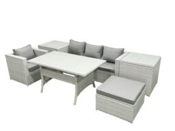 Fimous Rattan Garden Furniture Dining Set 5 Seater Lounge Sofa Chair Dining Table Set with Big Footstool Light Grey Mixed - thumbnail 2