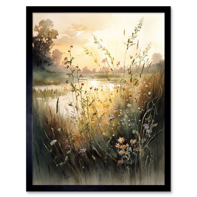 "Artery8 Wall Art Print Serene Lakeside Landscape with Wildflowers at Dawn Modern Watercolour Painting Art Framed in Black - Size: W12"" x H16""" - image 1