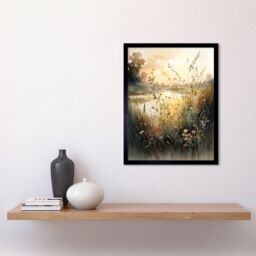 "Artery8 Wall Art Print Serene Lakeside Landscape with Wildflowers at Dawn Modern Watercolour Painting Art Framed in Black - Size: W12"" x H16""" - thumbnail 2