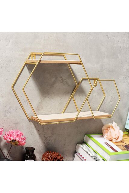 Living and Home 2 Tier Wall Floating Shelf Modern Hexagonal Plant Stand in Gold - image 1